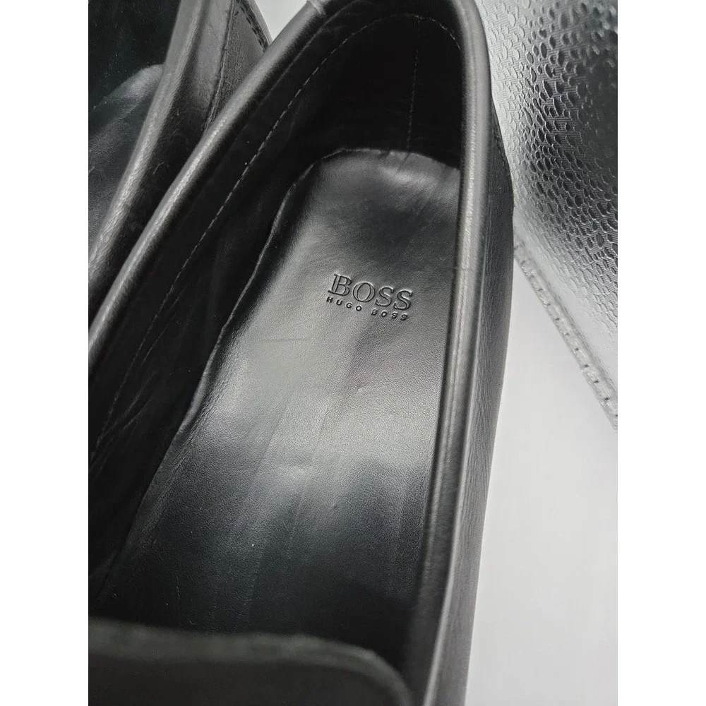 Hugo Boss Mens Black Leather Bit Loafers‎ Dress Shoes Silver Hardware Slip On